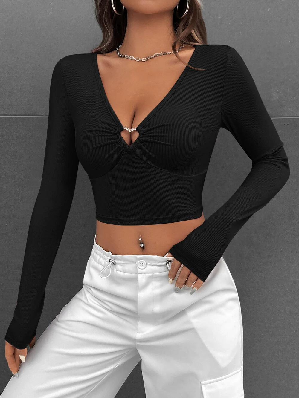 ZARA Black Cutout Neck Long Sleeve Waist Slimming Crop Top Sexy